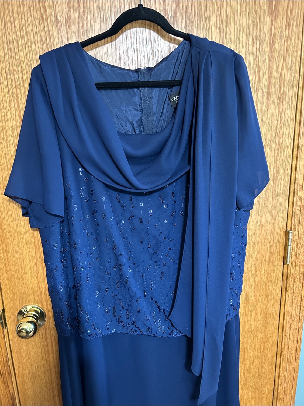 Onyx Nite maxi dress Navy Blue Sequin Formal Evening Gown Cowl Neck Sz 24 MOB